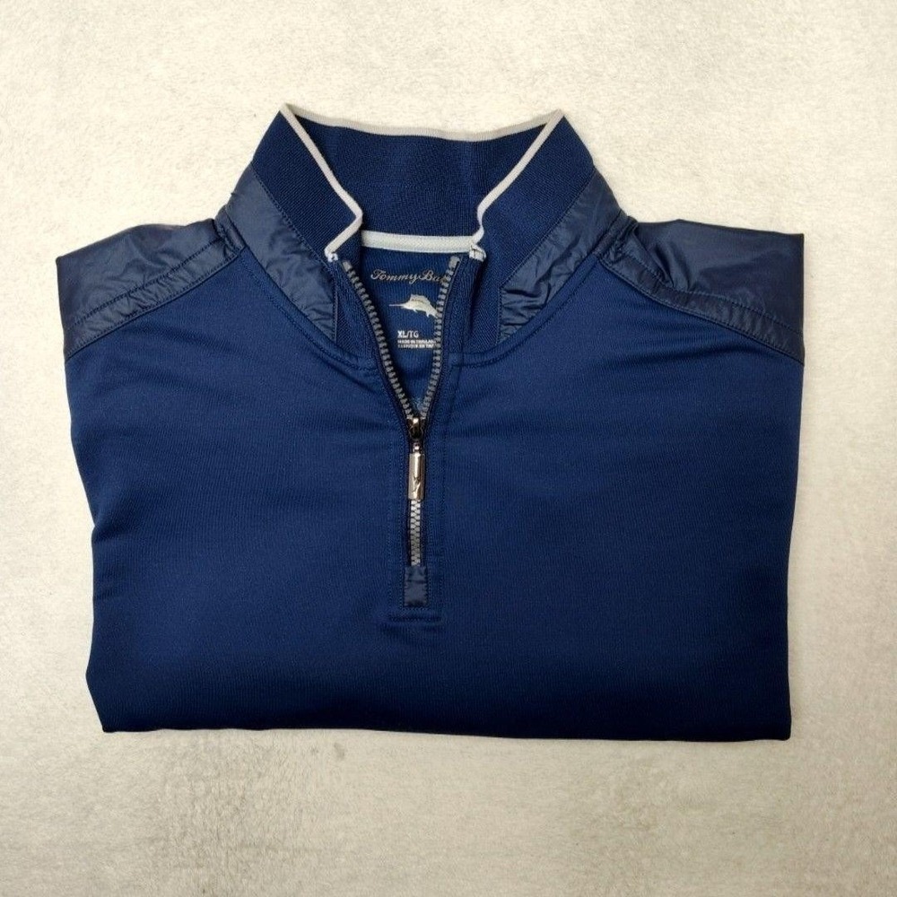 Tommy Bahama Sweater Mens XL Blue 1/4 Zip Mock Neck Lightweight Stretch Golf